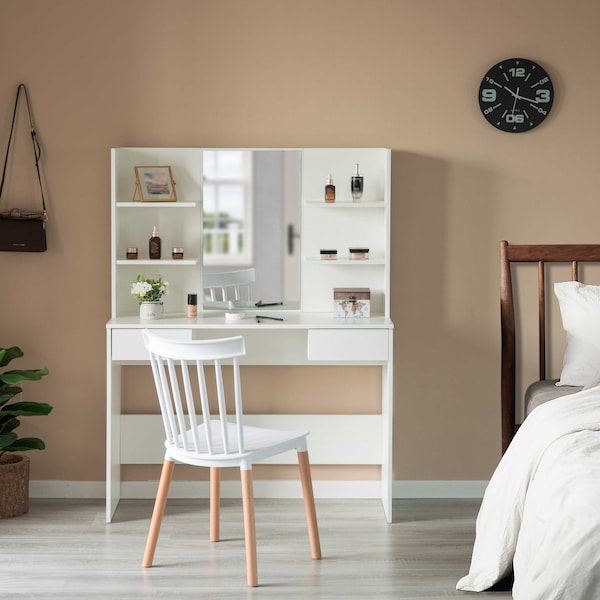 White Modern Wooden Dressing Table With Drawer, Mirror And Shelves For The Dining Room, Entryway